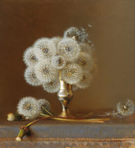 A realistic painting by a Duluth MN artist showcases dandelion seed heads in a small metallic vase on a table. A few dandelions lie beside the vase, their seeds gently floating away against a soft brown background.