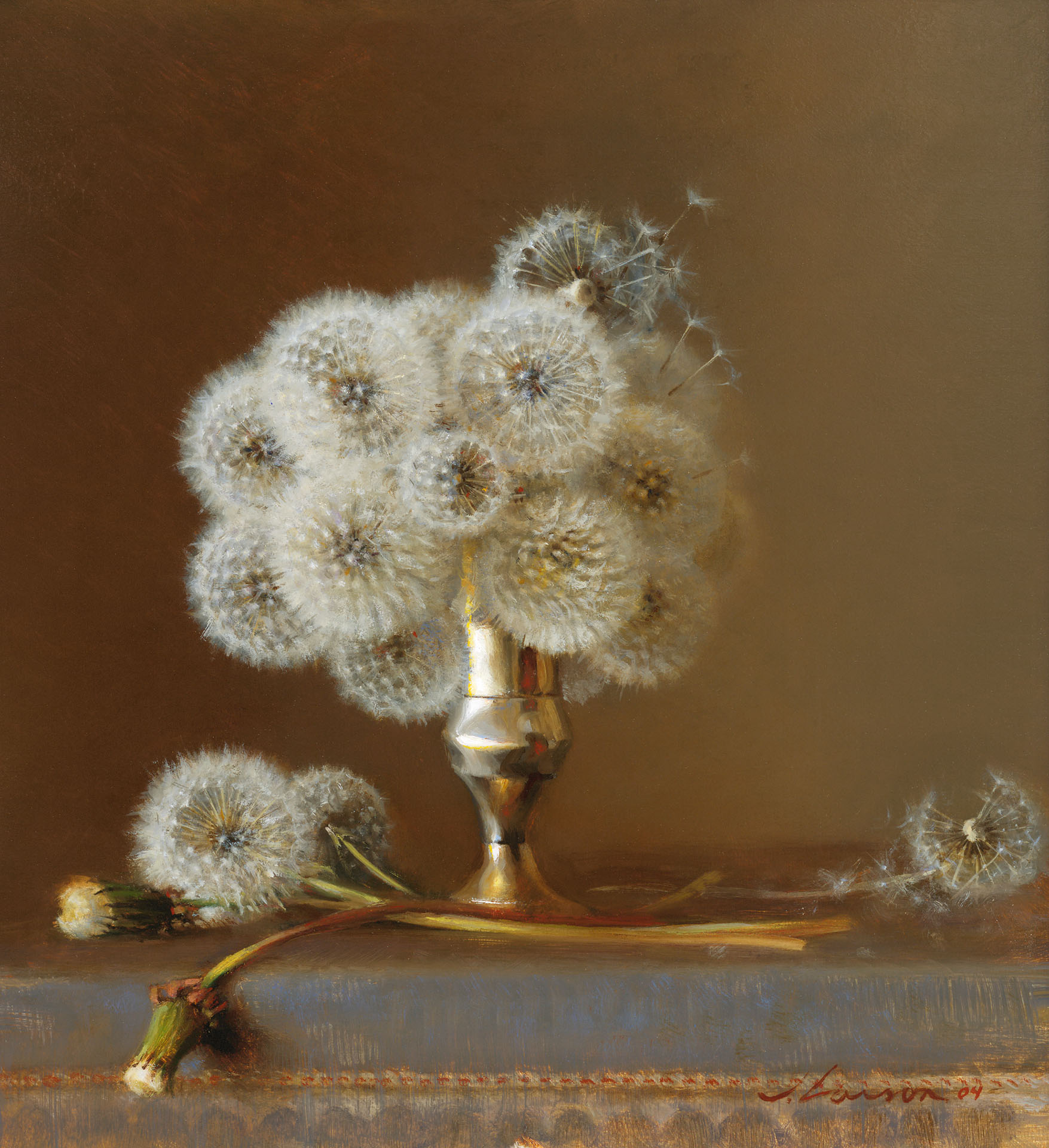A realistic painting by a Duluth MN artist showcases dandelion seed heads in a small metallic vase on a table. A few dandelions lie beside the vase, their seeds gently floating away against a soft brown background.