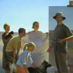 A group of people and two dogs gather outdoors as a Duluth MN artist stands in front, holding a palette and paintbrush, while others hold a large sheet. The scene is brightly lit, with a clear blue sky in the background.