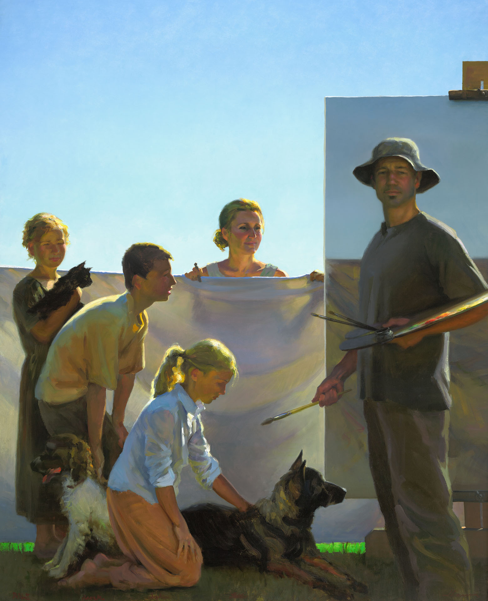 A group of people and two dogs gather outdoors as a Duluth MN artist stands in front, holding a palette and paintbrush, while others hold a large sheet. The scene is brightly lit, with a clear blue sky in the background.