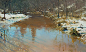 A serene landscape painting by a Duluth MN artist depicts a winding river in late winter. Snow patches cover the banks, and bare trees mirror in the calm, reflective water. The scene conveys a sense of tranquility and the transition from winter to spring.