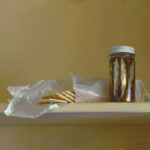 A jar filled with small fish stands upright on a shelf, captured in the distinctive style of a Duluth MN artist. Next to it, a stack of crackers is partially wrapped in shiny white paper against a soft yellow-green background.