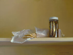 A jar filled with small fish stands upright on a shelf, captured in the distinctive style of a Duluth MN artist. Next to it, a stack of crackers is partially wrapped in shiny white paper against a soft yellow-green background.