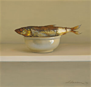 A realistic painting by a Duluth MN artist depicts a fish resting in a small white bowl against a neutral background. The scene is minimalistic, with the fish's metallic scales adding a touch of color and texture.
