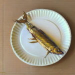 A realistic painting by a Duluth MN artist showcases a single fish on a white paper plate against a brown backdrop. The fish glows with a golden hue and detailed fins, capturing intricate realism.