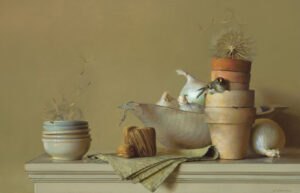 A still life by a Duluth MN artist showcases stacked clay pots, a small bird inside one, dandelion seeds, garlic bulbs in a ceramic dish, a ball of twine, and a folded cloth on a light-colored surface. An onion lies beside the dish, adding rustic charm to this serene composition.
