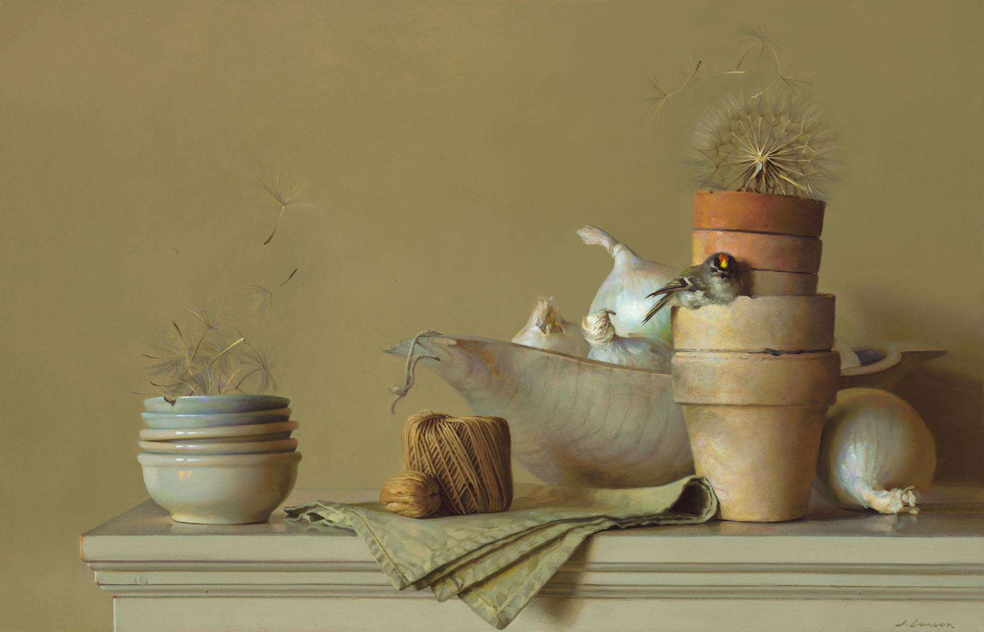 A still life by a Duluth MN artist showcases stacked clay pots, a small bird inside one, dandelion seeds, garlic bulbs in a ceramic dish, a ball of twine, and a folded cloth on a light-colored surface. An onion lies beside the dish, adding rustic charm to this serene composition.