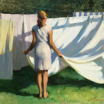 In the serene setting of Duluth, MN, an artist in a short white dress stands barefoot on grass, hanging large, billowing white sheets on a clothesline under the sun. The scene is tranquil, with soft shadows and vibrant greenery enhancing the peaceful backdrop.