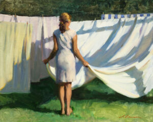 In the serene setting of Duluth, MN, an artist in a short white dress stands barefoot on grass, hanging large, billowing white sheets on a clothesline under the sun. The scene is tranquil, with soft shadows and vibrant greenery enhancing the peaceful backdrop.