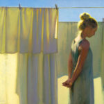 A woman with blonde hair in a bun stands with her back to the viewer, hands clasped behind her. She is next to a clothesline with sunlit cloths hanging, an impressionist snapshot reminiscent of a Duluth MN artist capturing serene simplicity. The clear blue sky casts warm light on the scene.