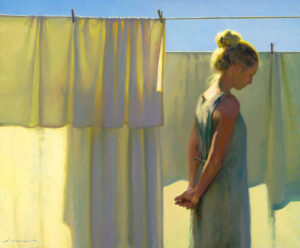 A woman with blonde hair in a bun stands with her back to the viewer, hands clasped behind her. She is next to a clothesline with sunlit cloths hanging, an impressionist snapshot reminiscent of a Duluth MN artist capturing serene simplicity. The clear blue sky casts warm light on the scene.