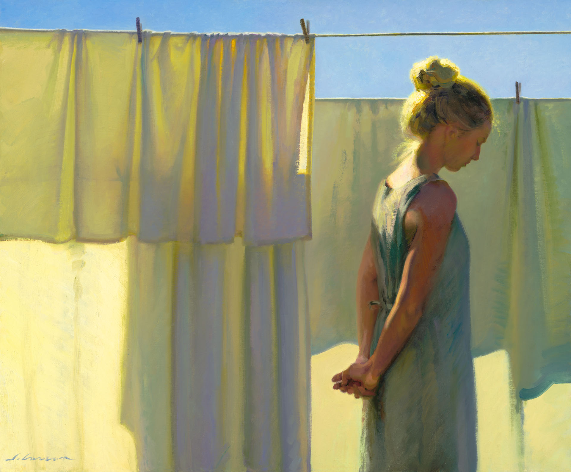 A woman with blonde hair in a bun stands with her back to the viewer, hands clasped behind her. She is next to a clothesline with sunlit cloths hanging, an impressionist snapshot reminiscent of a Duluth MN artist capturing serene simplicity. The clear blue sky casts warm light on the scene.
