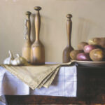 A still life painting by a Duluth MN artist showcases two tall wooden bottles, three cloves of garlic, a folded beige tablecloth, and a bowl of potatoes, all elegantly arranged on a table with a checkered cloth draped over it.