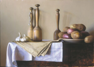 A still life painting by a Duluth MN artist showcases two tall wooden bottles, three cloves of garlic, a folded beige tablecloth, and a bowl of potatoes, all elegantly arranged on a table with a checkered cloth draped over it.