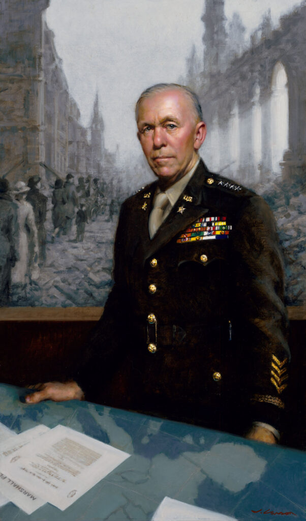 A military officer in a decorated uniform stands behind a table with papers, akin to a Duluth MN artist sketching scenes of resilience. The background features a war-torn cityscape with people amidst ruins, and the officer exudes determined authority.