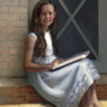 A Duluth MN artist captures a girl in a white dress, sitting on a step with an open book. Her long brown hair flows as she leans against a brick wall. The warmly lit scene, accented by a door with an "X" design, exudes peace and tranquility.