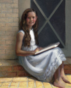 A Duluth MN artist captures a girl in a white dress, sitting on a step with an open book. Her long brown hair flows as she leans against a brick wall. The warmly lit scene, accented by a door with an "X" design, exudes peace and tranquility.