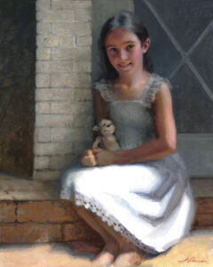 A young girl with long dark hair sits on a brick step, wearing a light, sleeveless dress. She holds a stuffed toy in her lap and smiles gently. The scene captures the charm reminiscent of a Duluth MN artist's style, framed by a brick wall and a window with a triangular design.