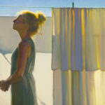 A woman with her hair in a bun stands in profile with eyes closed, perhaps reflecting or savoring the sunlight. Behind her, light yellow and white sheets hang on a line, casting soft shadows in the bright light—a serene scene captured by a talented Duluth MN artist.
