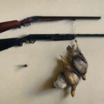 A realistic painting by a Duluth MN artist shows two hunting rifles mounted on a wall. Below them hang three game birds, with a single bullet placed between the guns, enhancing the rustic and hunting-centric theme of the artwork.