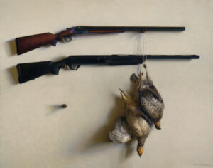 A realistic painting by a Duluth MN artist shows two hunting rifles mounted on a wall. Below them hang three game birds, with a single bullet placed between the guns, enhancing the rustic and hunting-centric theme of the artwork.