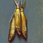A realistic painting by a Duluth MN artist features three fish hanging vertically by their tails on strings against a grayish-blue background. The golden fish appear freshly caught, with exquisitely detailed scales and fins, capturing the essence of an artisanal catch.