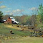 A scenic painting by a Duluth MN artist captures a rural landscape with a red barn, grazing cows, and a grassy field. Trees dot the background under a blue sky with scattered clouds, completing the tranquil farm setting.