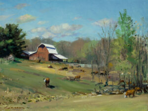 A scenic painting by a Duluth MN artist captures a rural landscape with a red barn, grazing cows, and a grassy field. Trees dot the background under a blue sky with scattered clouds, completing the tranquil farm setting.