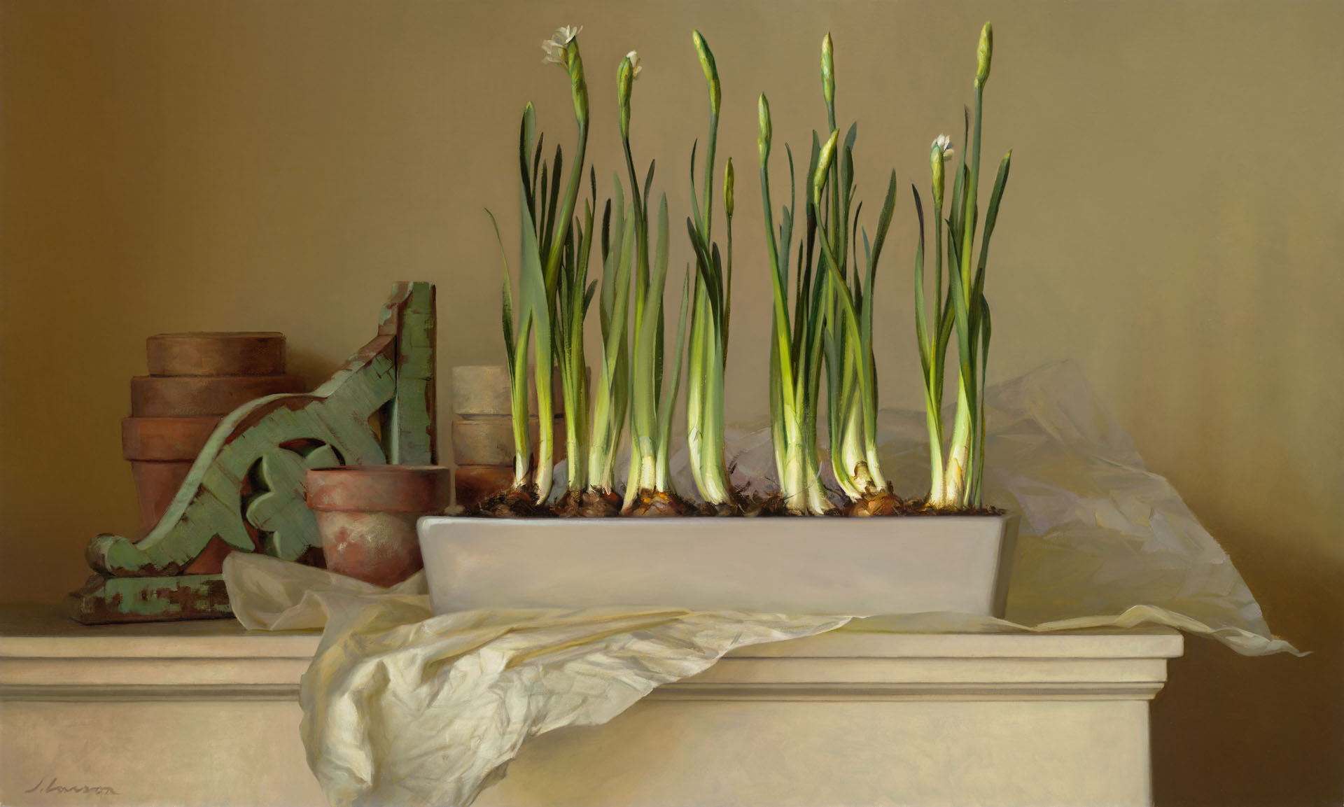 A painting by a Duluth MN artist showcases tall white flowers with green stems in a rectangular pot on a table. The scene is adorned with textured paper, antique iron brackets, and terracotta pots, set against a soft beige background.