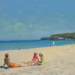 A Duluth MN artist captures a sunny beach scene with three children in colorful swimwear sitting on the sand. The calm blue sea and clear sky stretch to the horizon, with distant hills and people enjoying the shoreline.