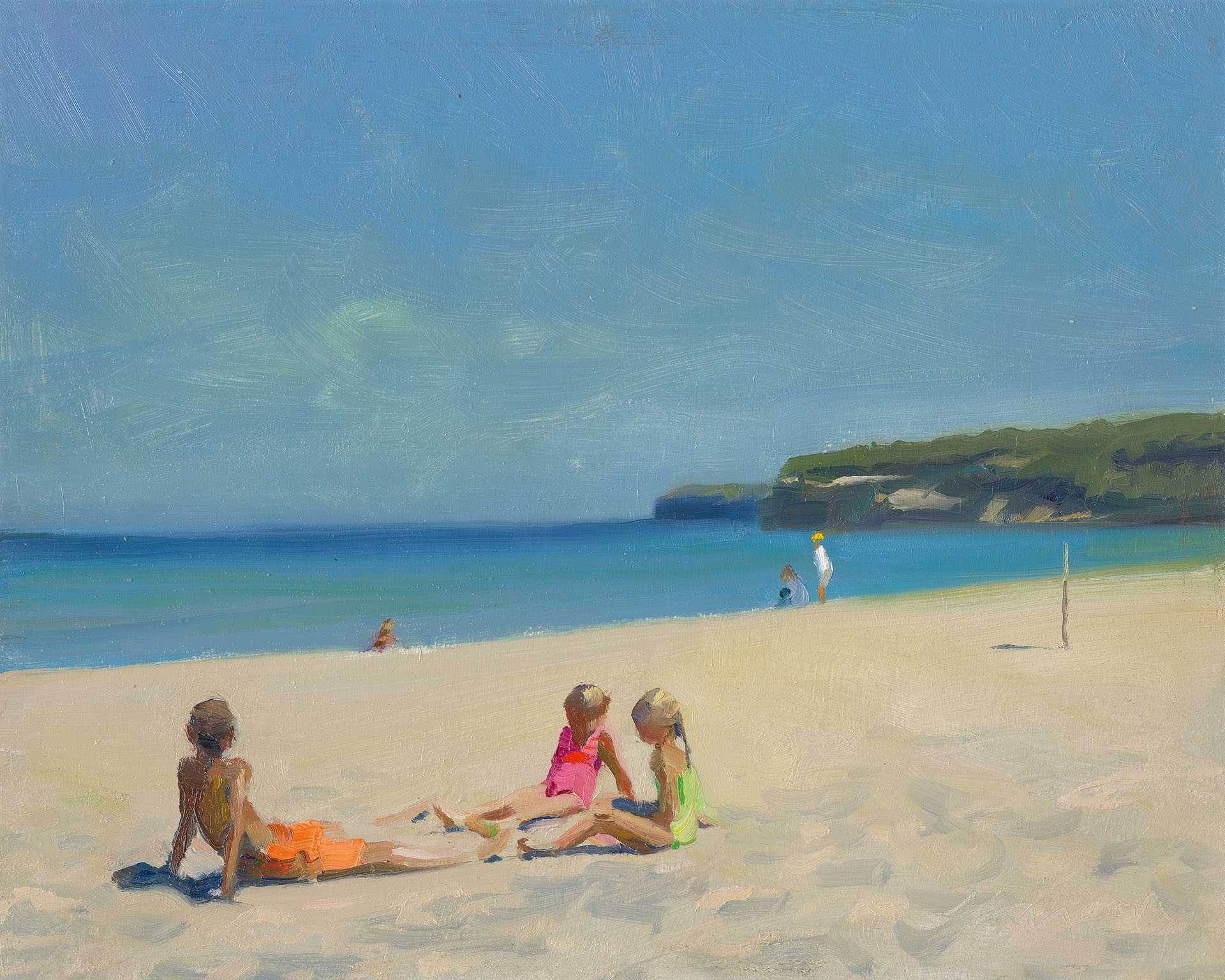 A Duluth MN artist captures a sunny beach scene with three children in colorful swimwear sitting on the sand. The calm blue sea and clear sky stretch to the horizon, with distant hills and people enjoying the shoreline.
