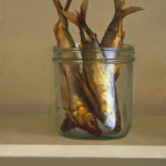 A realistic painting by a Duluth, MN artist features three fish standing upright in a clear glass jar against a neutral background. The fish, depicted with detailed scales and vibrant colors, emphasize natural textures and reflections.
