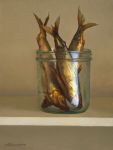 A realistic painting by a Duluth, MN artist features three fish standing upright in a clear glass jar against a neutral background. The fish, depicted with detailed scales and vibrant colors, emphasize natural textures and reflections.