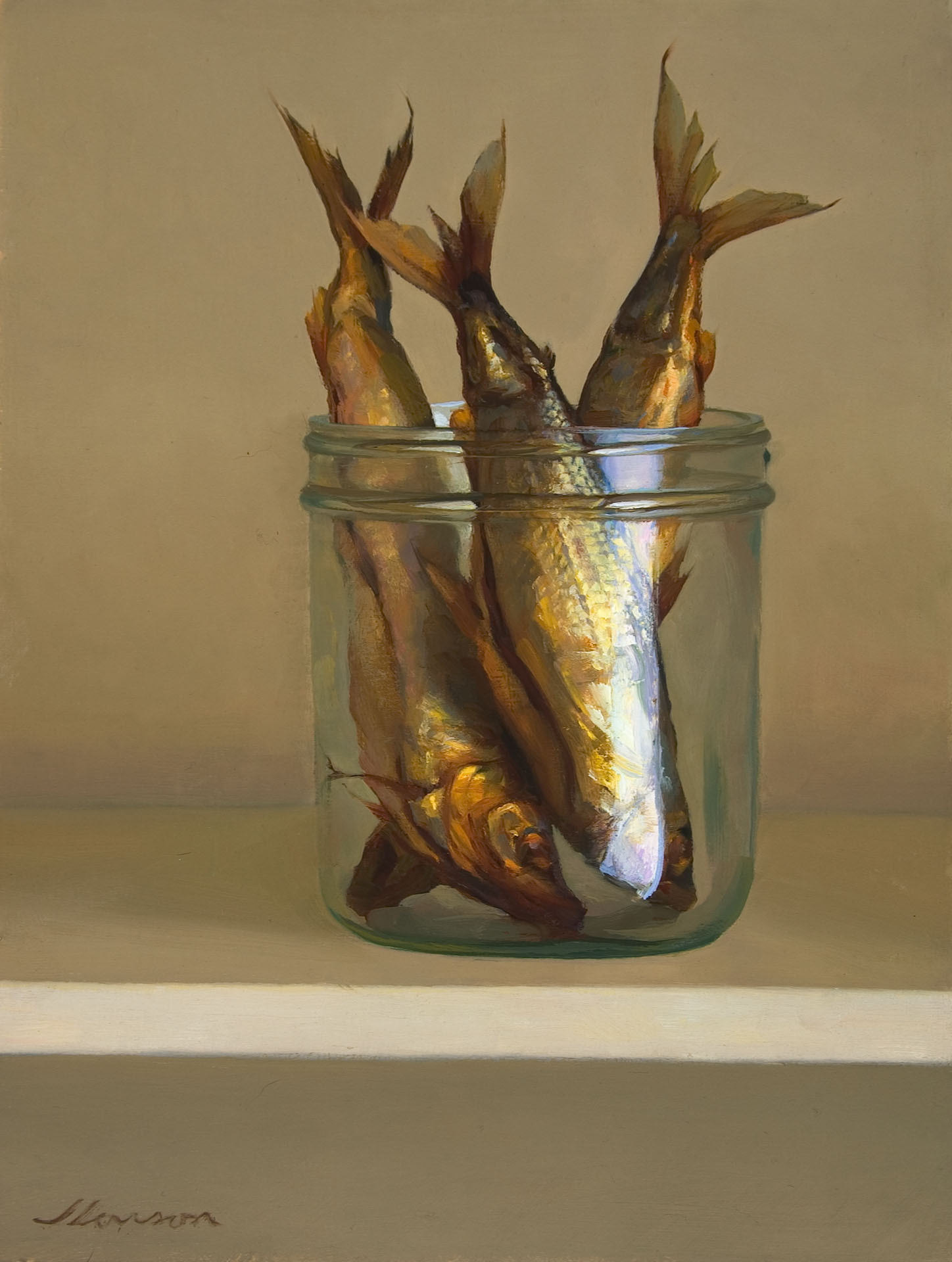 A realistic painting by a Duluth, MN artist features three fish standing upright in a clear glass jar against a neutral background. The fish, depicted with detailed scales and vibrant colors, emphasize natural textures and reflections.