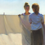 Two women stand facing each other, holding a large white cloth under a clear blue sky. The sun casts soft shadows, highlighting their silhouettes and hair as they engage in deep conversation. Their poised poses echo the graceful artistry you'd expect from a Duluth MN artist.