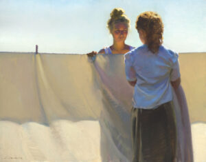 Two women stand facing each other, holding a large white cloth under a clear blue sky. The sun casts soft shadows, highlighting their silhouettes and hair as they engage in deep conversation. Their poised poses echo the graceful artistry you'd expect from a Duluth MN artist.