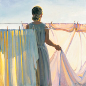 A Duluth MN artist, wearing a sleeveless dress, stands under the sun, hanging pastel-colored sheets on a clothesline. The scene conveys a peaceful, warm atmosphere.