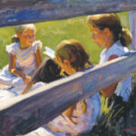 A painting by a Duluth MN artist captures three girls sitting in a sunlit area, framed by a wooden fence. Engaged in reading and conversation, they wear white dresses with sunlight casting warm highlights and shadows around them.