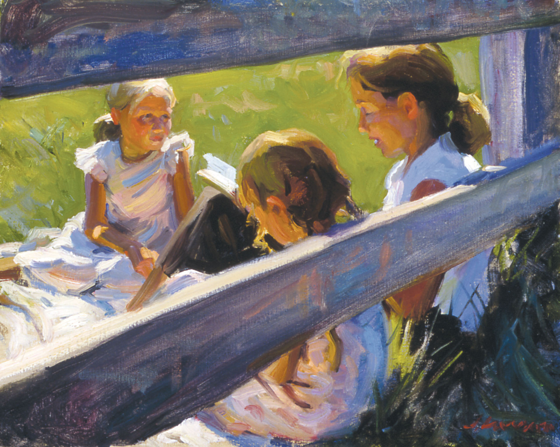 A painting by a Duluth MN artist captures three girls sitting in a sunlit area, framed by a wooden fence. Engaged in reading and conversation, they wear white dresses with sunlight casting warm highlights and shadows around them.