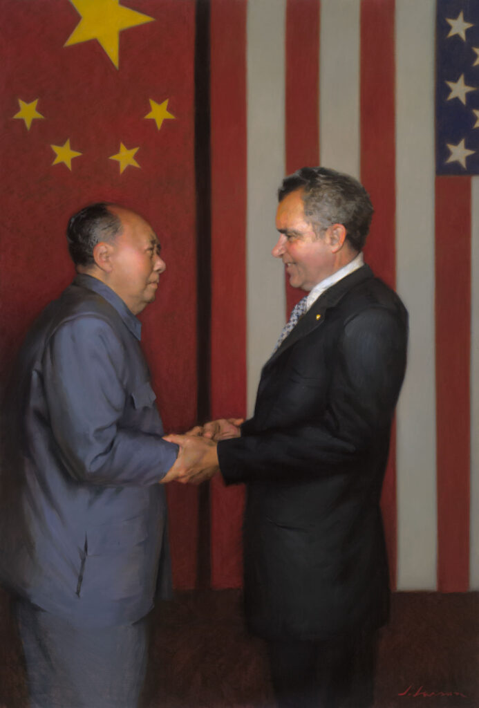 A painting by a Duluth MN artist depicts two men in formal attire shaking hands against the backdrop of the Chinese and American flags, symbolizing a diplomatic encounter between the two countries.
