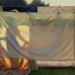 A backlit scene captures sheets hanging on a clothesline, with sunlight casting colorful shadows. A silhouette of a person holds a sheet, creating a warm, serene atmosphere reminiscent of works by a Duluth MN artist. The green ground contrasts with the backdrop of darkened trees.