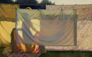 A backlit scene captures sheets hanging on a clothesline, with sunlight casting colorful shadows. A silhouette of a person holds a sheet, creating a warm, serene atmosphere reminiscent of works by a Duluth MN artist. The green ground contrasts with the backdrop of darkened trees.