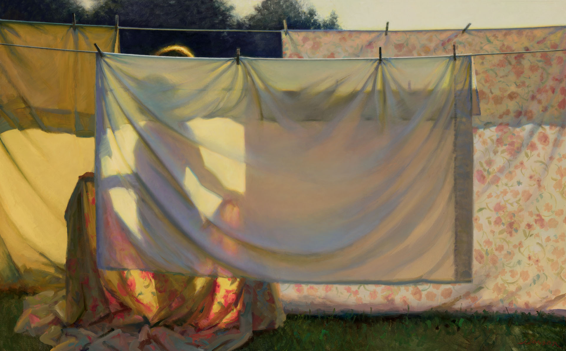 A backlit scene captures sheets hanging on a clothesline, with sunlight casting colorful shadows. A silhouette of a person holds a sheet, creating a warm, serene atmosphere reminiscent of works by a Duluth MN artist. The green ground contrasts with the backdrop of darkened trees.