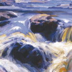 An impressionistic painting by a Duluth MN artist, depicting a rushing waterfall with swirling water in shades of blue, white, and hints of yellow. The background suggests a rugged landscape under a cloudy sky.