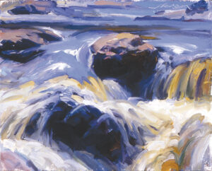 An impressionistic painting by a Duluth MN artist, depicting a rushing waterfall with swirling water in shades of blue, white, and hints of yellow. The background suggests a rugged landscape under a cloudy sky.