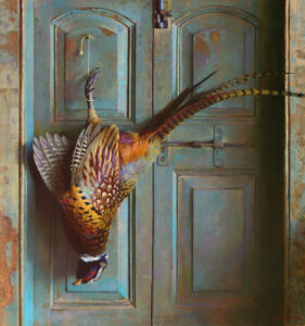 A painted image by a Duluth MN artist captures a pheasant hanging upside down by one leg on a light blue wooden door. The detailed feathers display vibrant colors like brown, orange, and hints of iridescent green, exuding a rustic, natural ambiance.