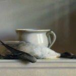 A painting by a Duluth MN artist portrays a bird lying lifeless on a ledge in front of a large, white ceramic jug. The scene is softly lit, creating a serene and somber atmosphere. The artist's signature graces the bottom left corner.