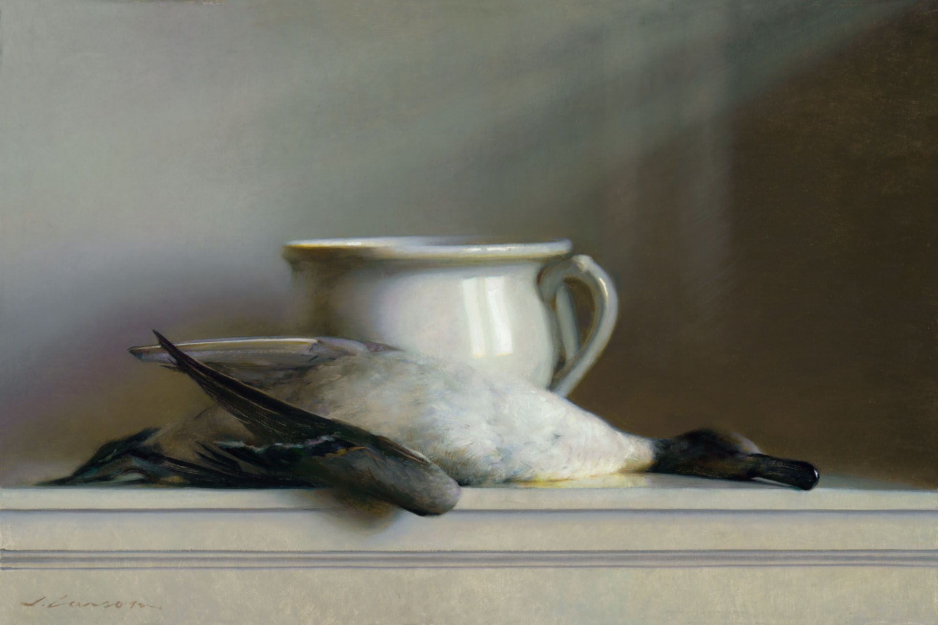 A painting by a Duluth MN artist portrays a bird lying lifeless on a ledge in front of a large, white ceramic jug. The scene is softly lit, creating a serene and somber atmosphere. The artist's signature graces the bottom left corner.