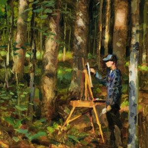 In a forest near Duluth, MN, an artist in a cap and plaid shirt paints on an easel. Tall trees surround them, and dappled sunlight filters through the leaves, casting shadows on the forest floor. The scene conveys a peaceful, artistic atmosphere.