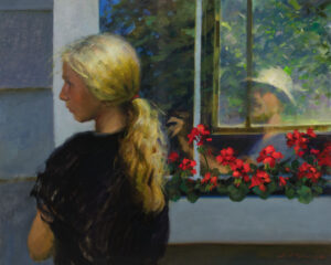 A painting by a Duluth MN artist captures a woman with blonde hair in a black shirt, standing outdoors beside a window. Through the window, a person wearing a hat is visible, surrounded by red flowers. The scene is beautifully bathed in sunlight.